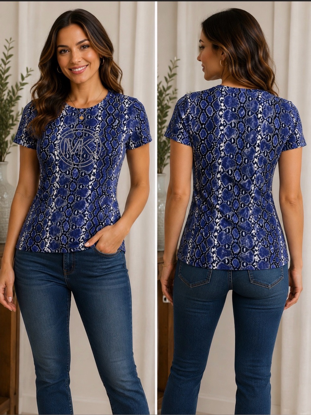 Michael Kors Blue and White Snake Print Top